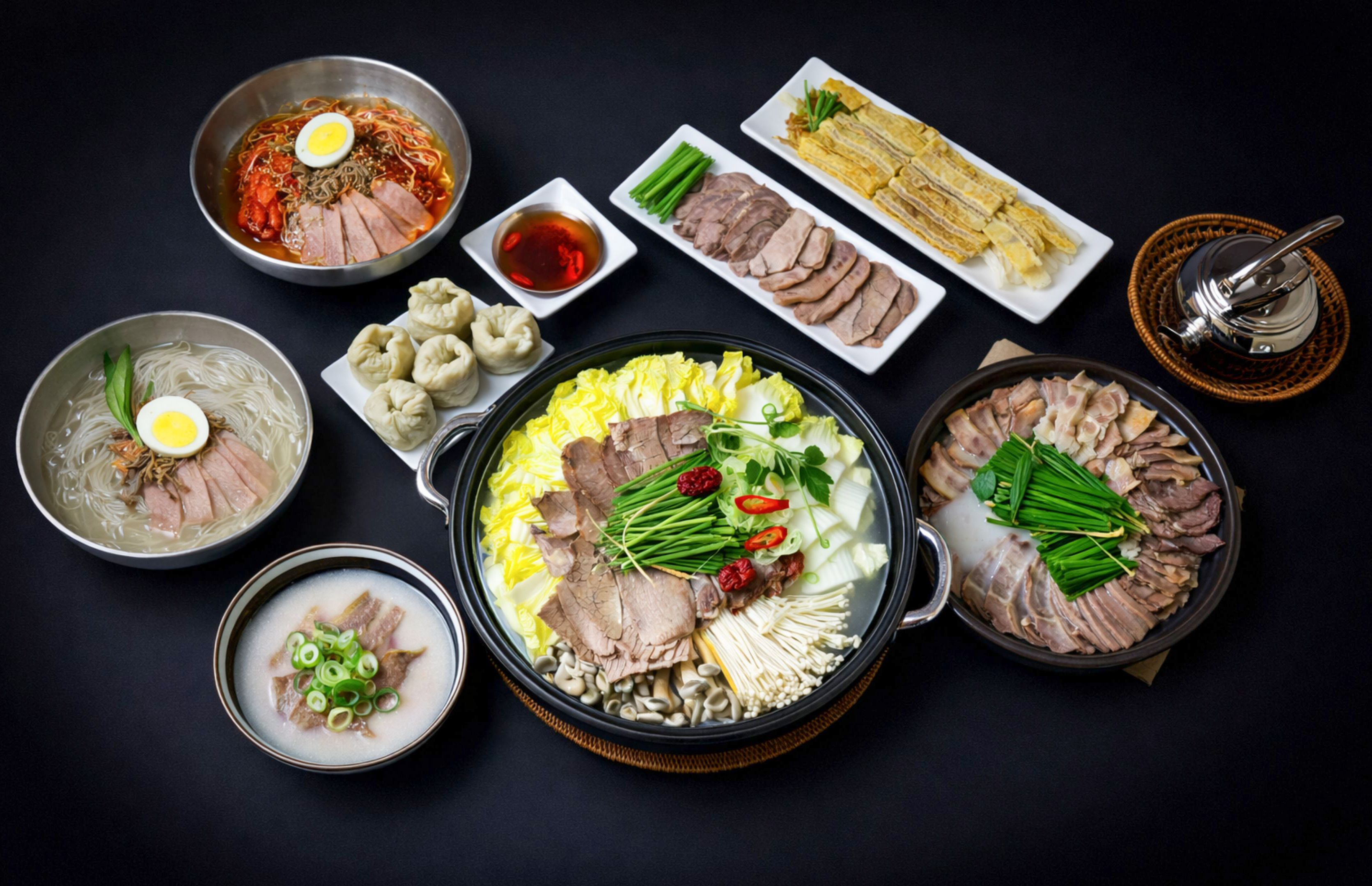 곰탕과 수육, 전골, 면과 만두를 함께 차린 백봉곰탕의 음식